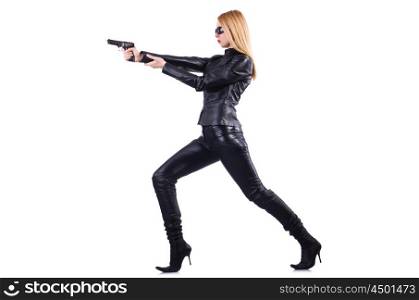 Woman with gun in black leather costume