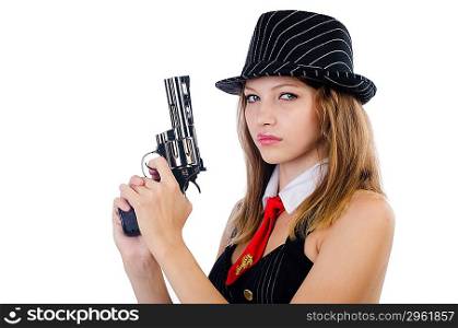 Woman with gun isolated on white
