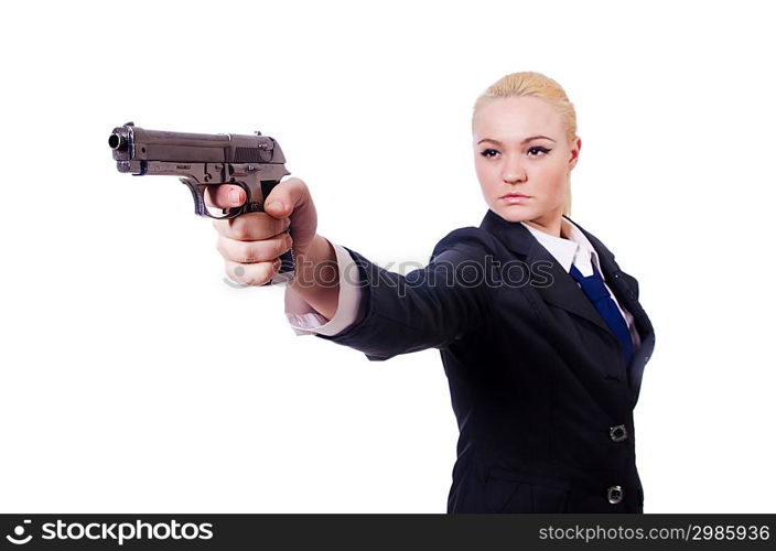 Woman with gun isolated on white