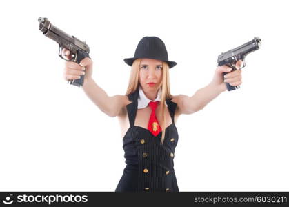 Woman with gun isolated on white