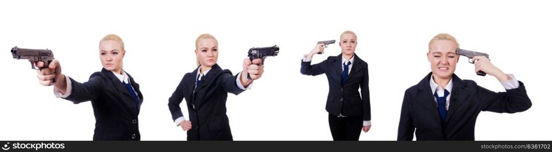 Woman with gun isolated on white