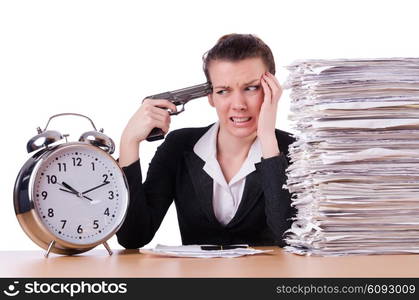 Woman with gun under stress from deadlines