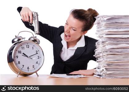 Woman with gun under stress from deadlines