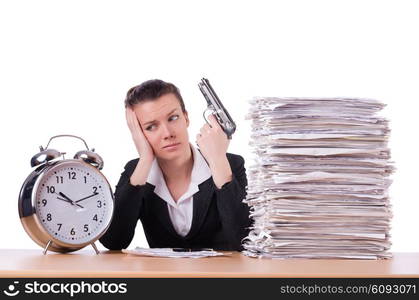 Woman with gun under stress from deadlines