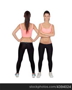 Woman with gym clothes on front and back isolated on a white background