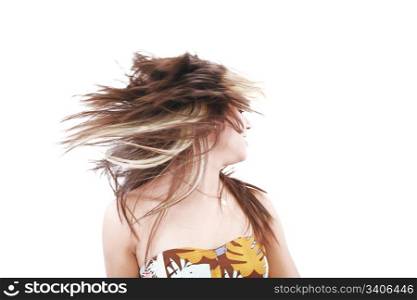 Woman with hair billowing on white background