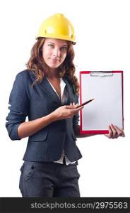 Woman with hard hat and binder