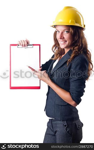 Woman with hard hat and binder