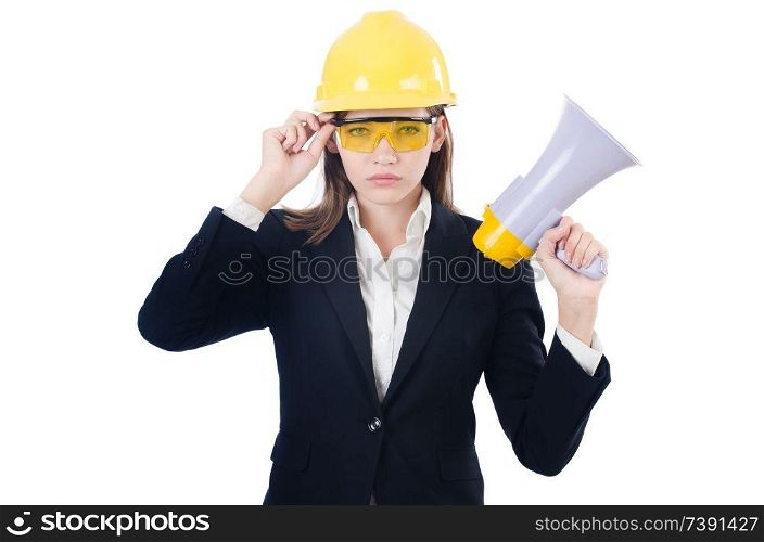 Woman with hard hat isolated on white