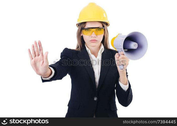 Woman with hard hat isolated on white