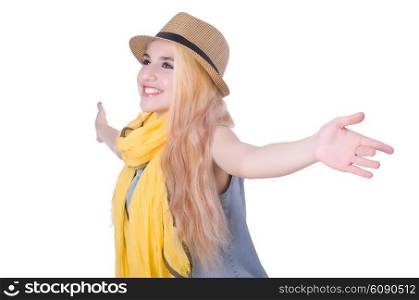 Woman with hat isolated on the white background