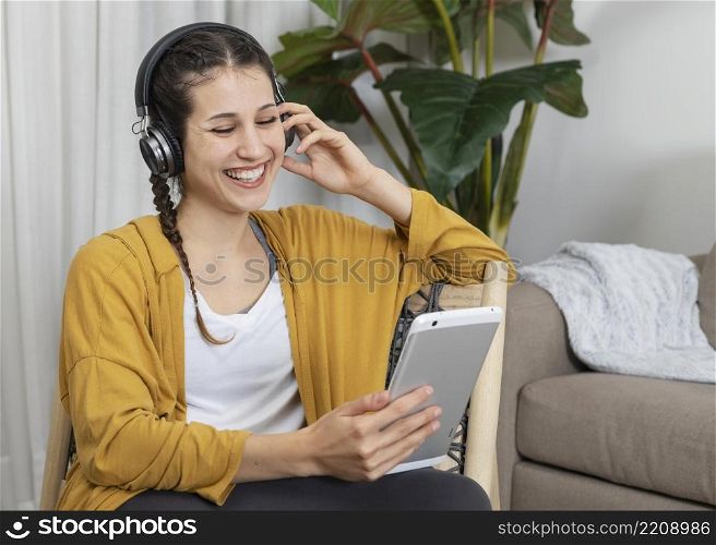 woman with headphones listening music