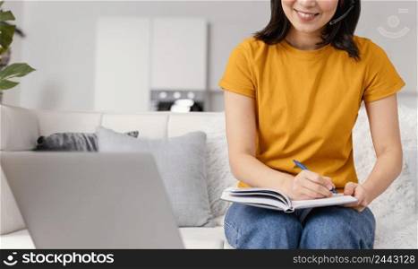woman with headset video call laptop 2