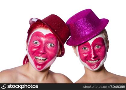 Woman with heart face painting isolated on white