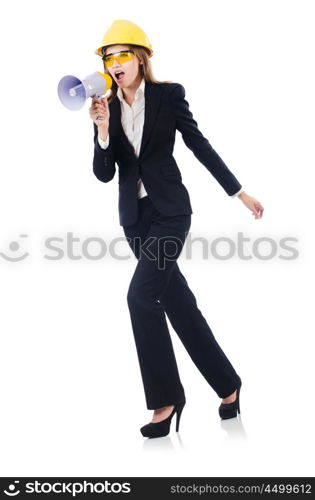 Woman with helmet and loudspeaker on white