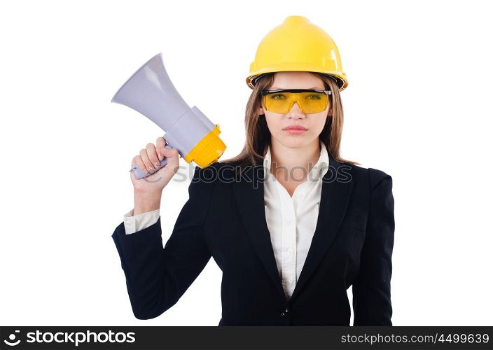 Woman with helmet and loudspeaker on white