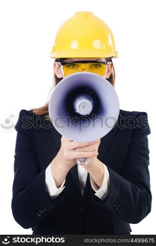 Woman with helmet and loudspeaker on white