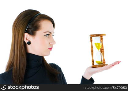 Woman with hourglass isolated on the white