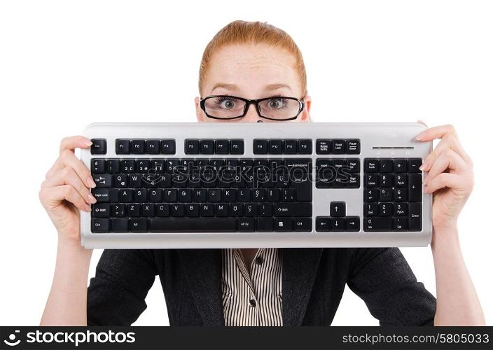 Woman with keyboard isolated on white
