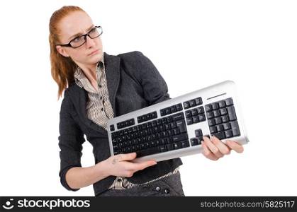 Woman with keyboard isolated on white