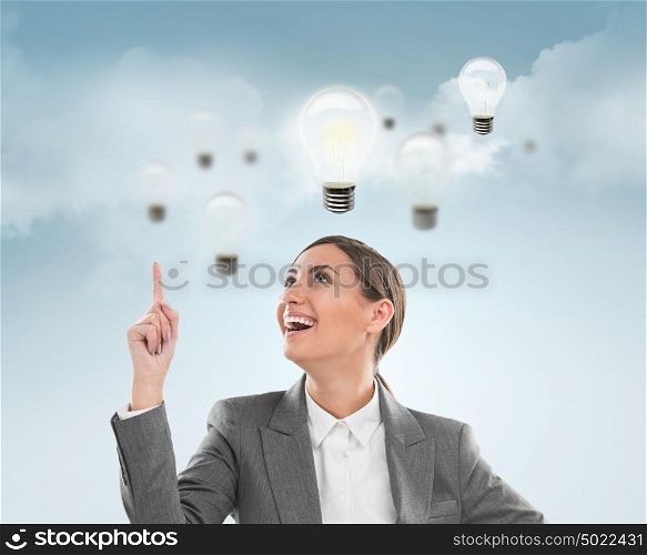 Woman with lamps overhead, idea concept on sky background