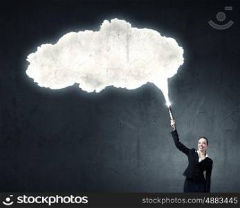 Woman with lantern in hand. Businesswoman in darkness with flashlight in hand and blank cloud
