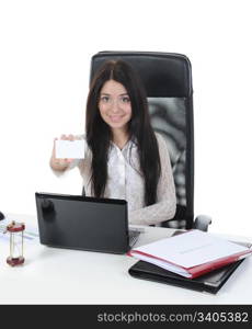 woman with laptop in a bright office. Isolated on white background