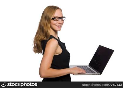 Woman with laptop isolated on white 