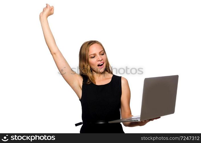 Woman with laptop isolated on white 