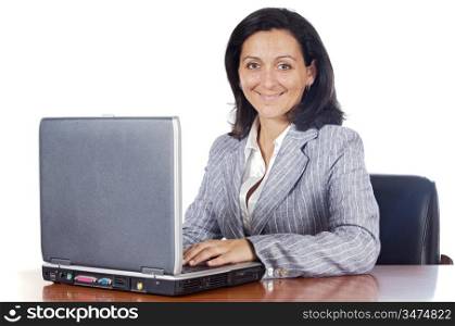 Woman with laptop isolated on white background