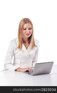 Woman with laptop on white