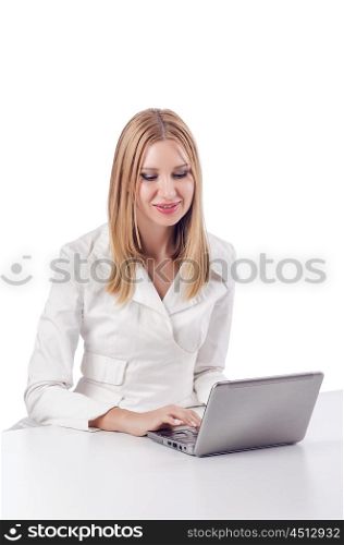 Woman with laptop on white