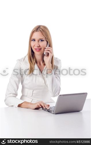 Woman with laptop on white