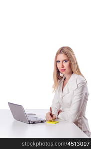 Woman with laptop on white