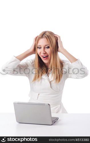 Woman with laptop on white