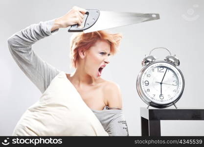 Woman with large alarmclock.