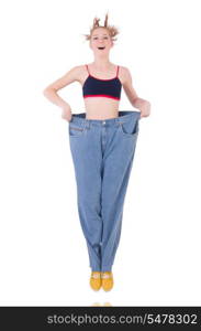 Woman with large jeans in dieting concept