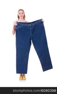 Woman with large jeans in dieting concept