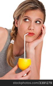 Woman with lemon with straw on white background