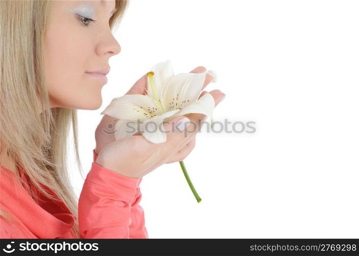 woman with lily in her hand. Isolated on white background