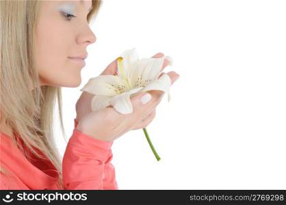 woman with lily in her hand. Isolated on white background