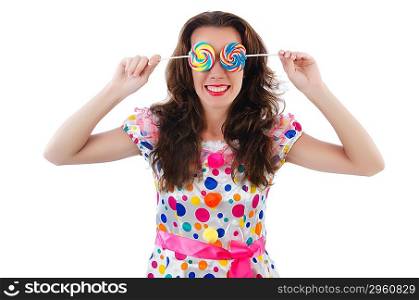 Woman with lollipops isolated on white