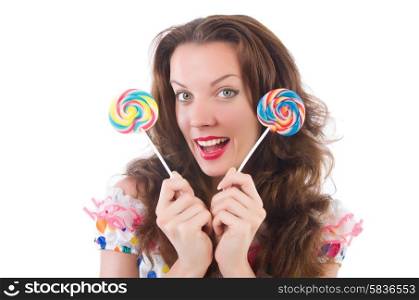 Woman with lollipops isolated on white
