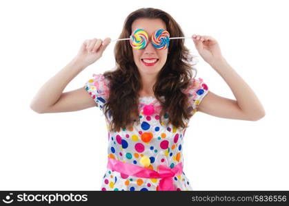 Woman with lollipops isolated on white