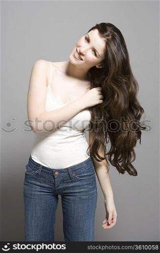 Woman with long brown wavy hair