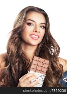 woman with long hair and chocolate bar on white background