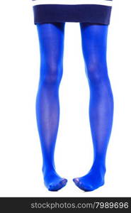 Woman with long legs and blue stockings isolated