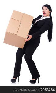 Woman with lots of boxes on white