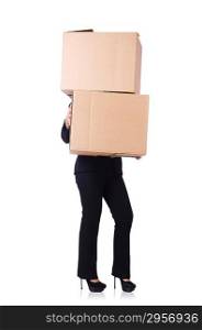 Woman with lots of boxes on white