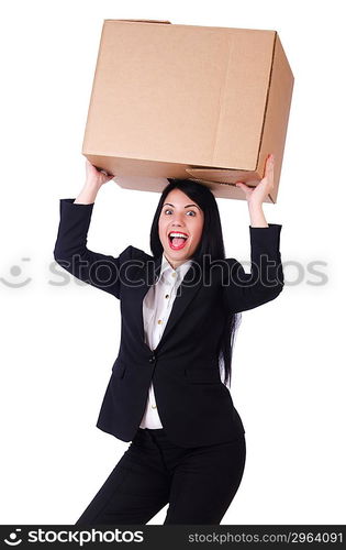 Woman with lots of boxes on white